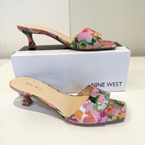 Nine West Kitten Heels Luvlie Slide Slip On Sandal Pink Floral Square Toe 9M